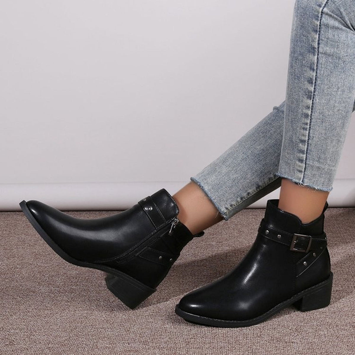 hopeusnice Women's Ankle Boots Buckle Low Heel Pointed Toe Faux Leather Short Boots Block Heel Zipper Comfortable Shoes Brown 39