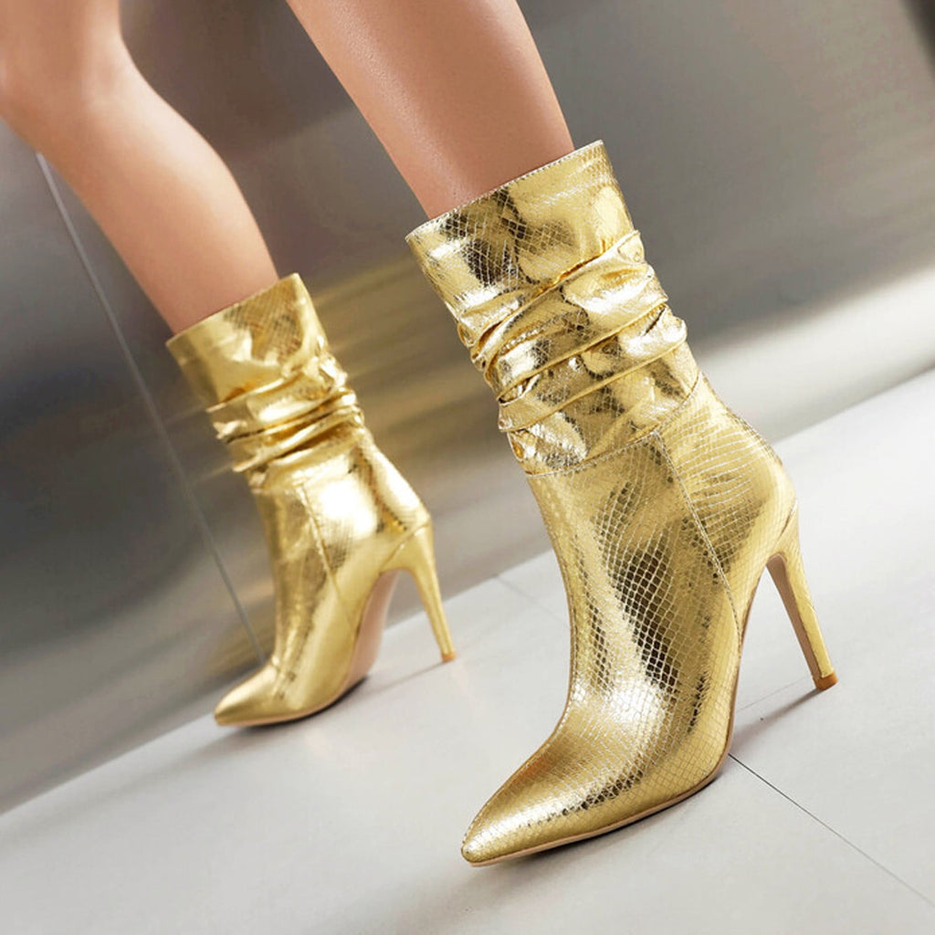 hopeusnice Women's Snake Print Pointed Toe Stilettos Heel Ankle Boots Mid Calf Pull on Green Shiny Faux Leather Party Boots Blue 35