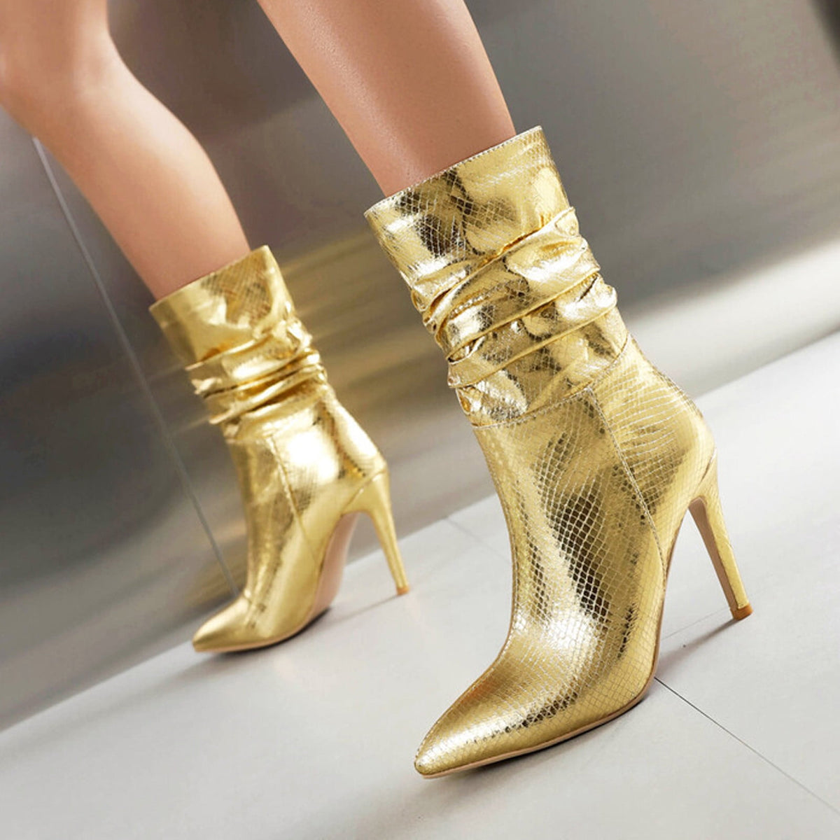 hopeusnice Women's Snake Print Pointed Toe Stilettos Heel Ankle Boots Mid Calf Pull on Green Shiny Faux Leather Party Boots Blue 35