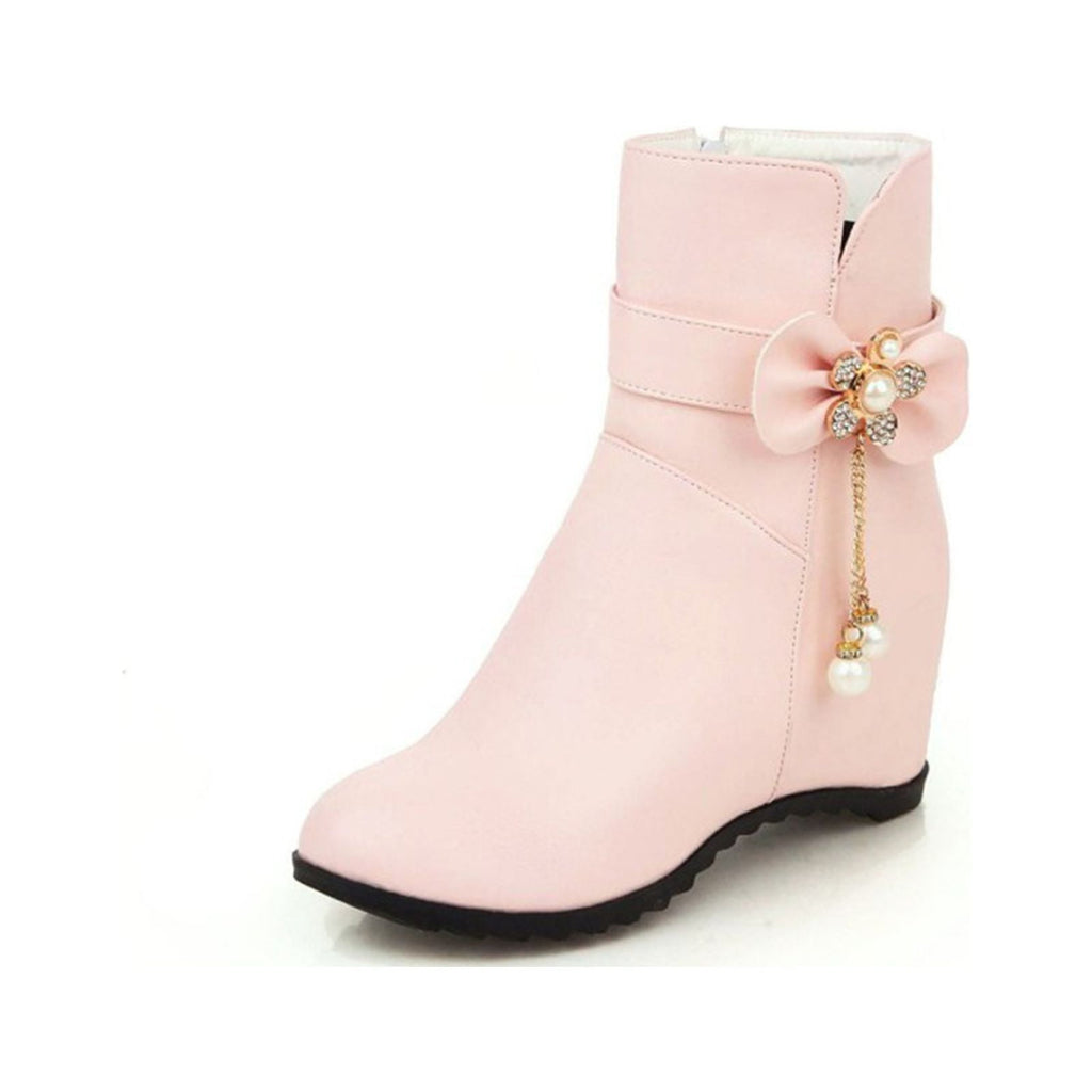 Women's Ankle Boots Wedge Heel Zipper Closure Bowknot Decor Faux Leather Booties Short Boots Comfortable Wedge Heel Shoes Pink 40