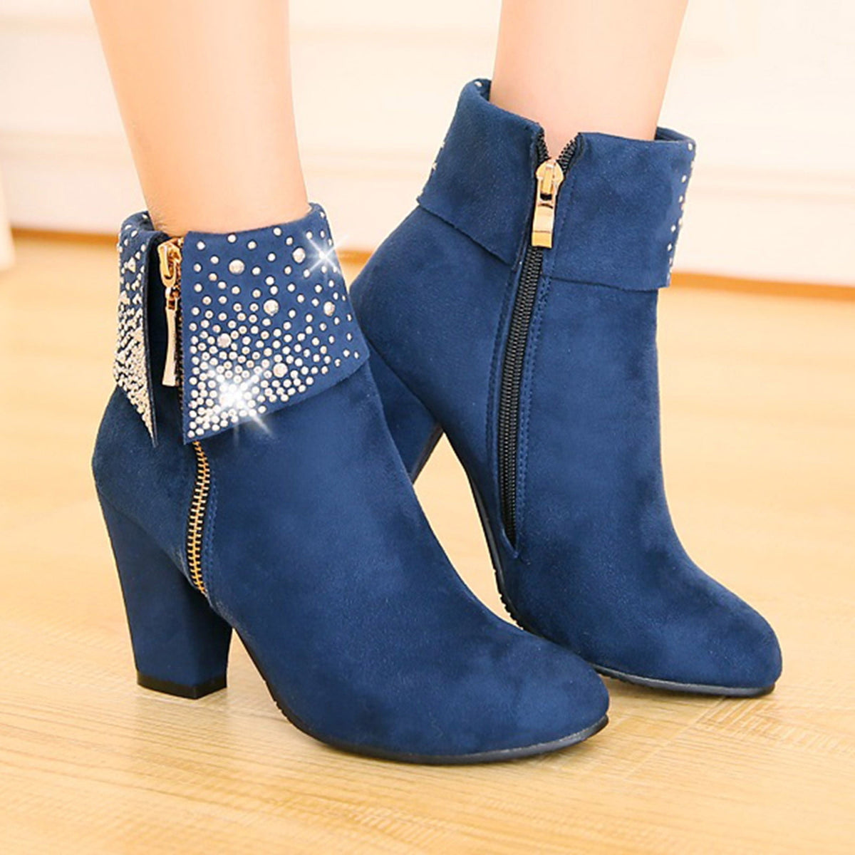 hopeusnice Women's Rhinestone Ankle Boots Zipper Suede Block Heel Booties Comfortable Dressy Winter Warm Shoes Black 36