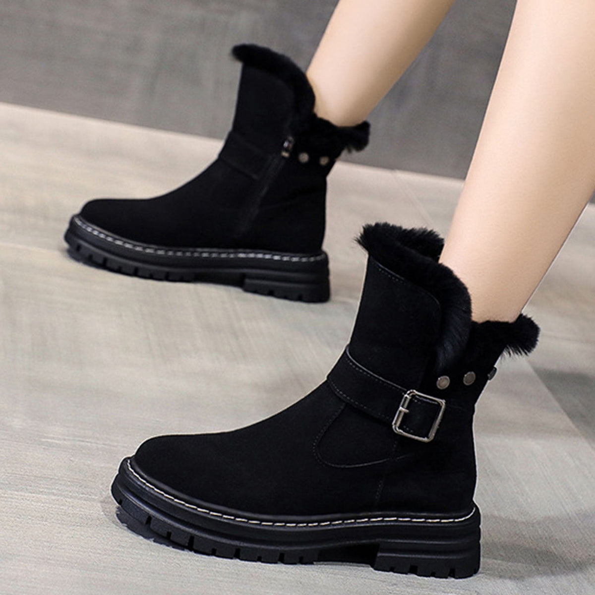 hopeusnice Women's Winter Boots Suede Buckle Ankle Booties Fuzzy Fleece Lined Warm Shoes Snow Boots Black 35