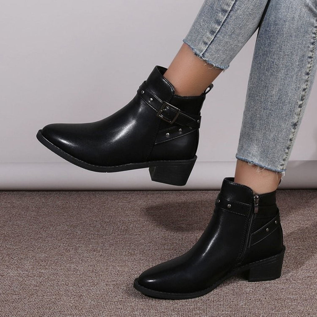 hopeusnice Women's Ankle Boots Buckle Low Heel Pointed Toe Faux Leather Short Boots Block Heel Zipper Comfortable Shoes Brown 39