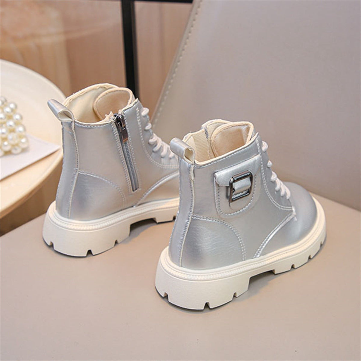 BXJX Girls Ankle Boots with Zipper, Outdoor Fall Winter Soft Sole Non-Slip Lace Up Boots Silver Size 12.5 Little Kids
