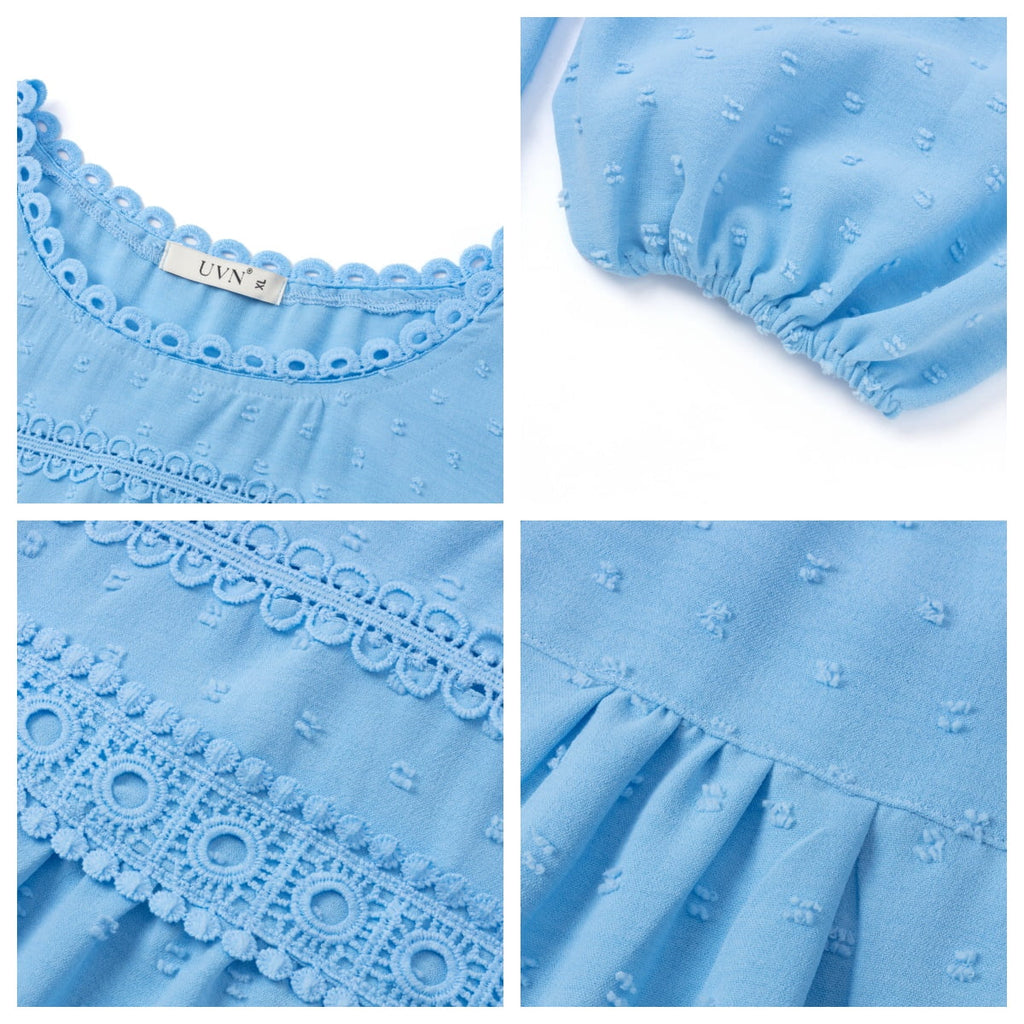UVN Fall Shirts for Women Long Sleeve Blouses Ladies Crewneck Lace Crochet Tops Dressy Chiffon Blouses