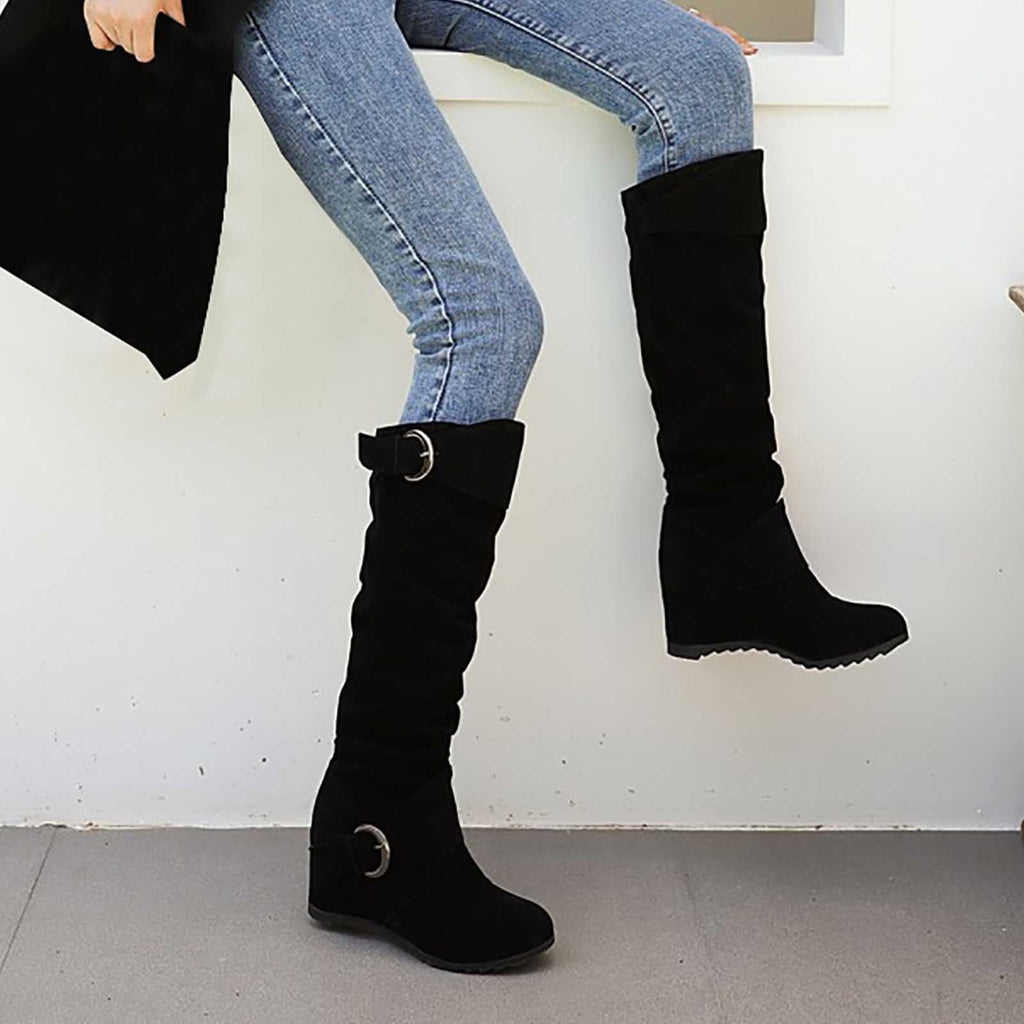 hopeusnice Women's Over The Knee Boots Suede Buckle Wedge Heel Winter Warm Boots Fashion Slouchy Boots Knee High Boots Brown 35