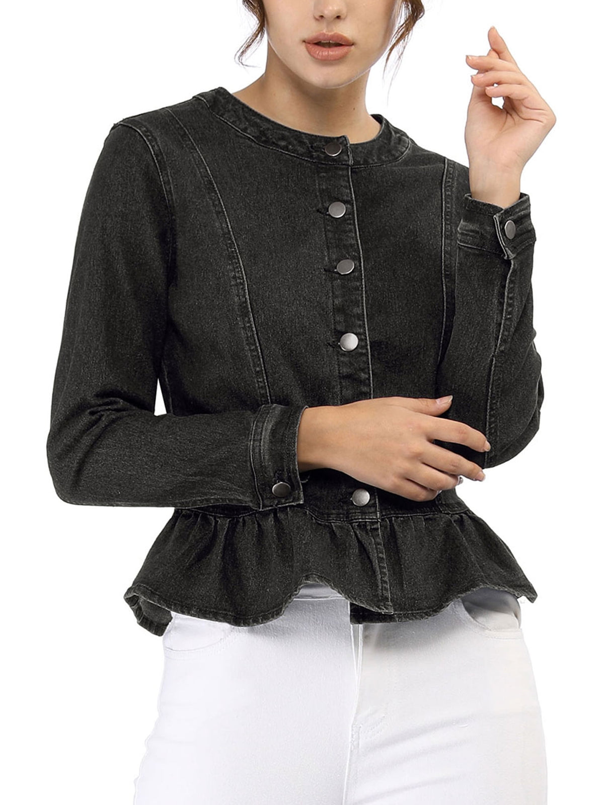 INSPIRE CHIC Women's Denim Jackets Button Down Peplum Hem Long Sleeves Cropped Jean Jackets White L
