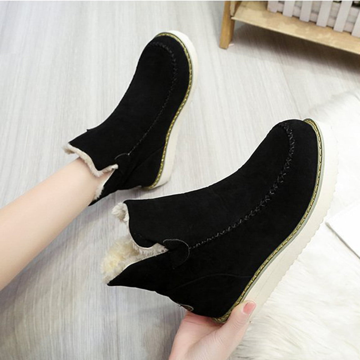 hopeusnice Women's Winter Boots Fuzzy Fleece Lined Ankle Booties Warm Plush Snow Boots Suede Chunky Heel Comfortable Warm Mid Calf Boots Brown 42
