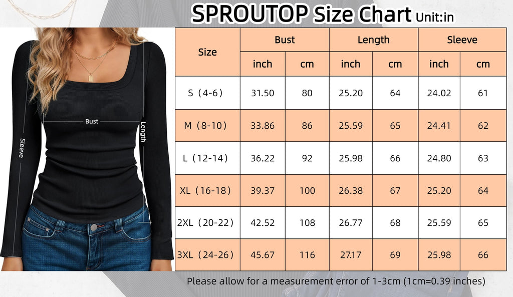 SPROUTOP Slim Fit Blouse for Women Long Sleeve Square Neck Shirts Ribbed Fall Ladies Casual Basic Tops