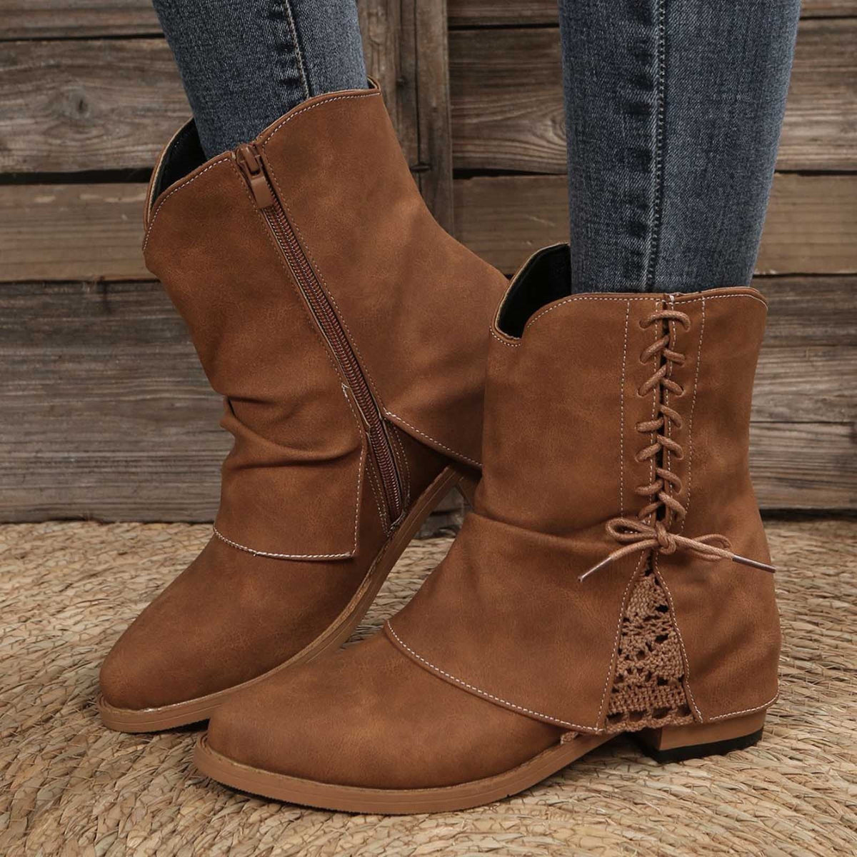 hopeusnice Women's Lace Up Ankle Boots Suede Buckle Low Heel Chunky Heel Mid Calf Booties Round Toe Zipper Fall Winter Comfortable Shoes Brown 38