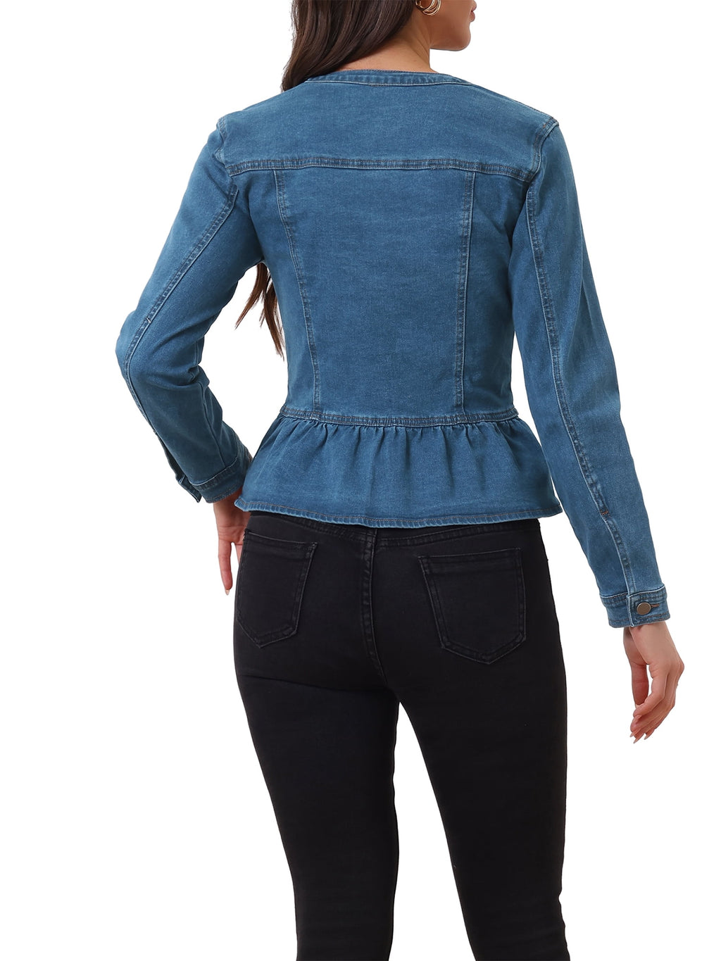 INSPIRE CHIC Women's Denim Jackets Button Down Peplum Hem Long Sleeves Cropped Jean Jackets White L
