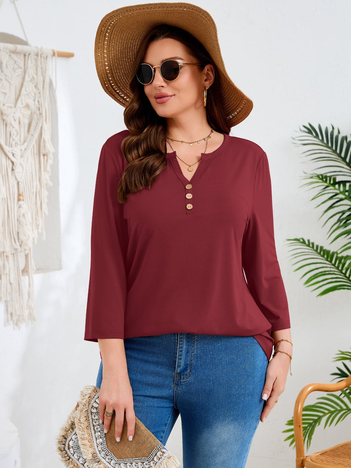 SHOWMALL Plus Size Tops for Women, 3/4 Sleeve Button V Neck Casual Tunic Blouse, Green, Size 4X