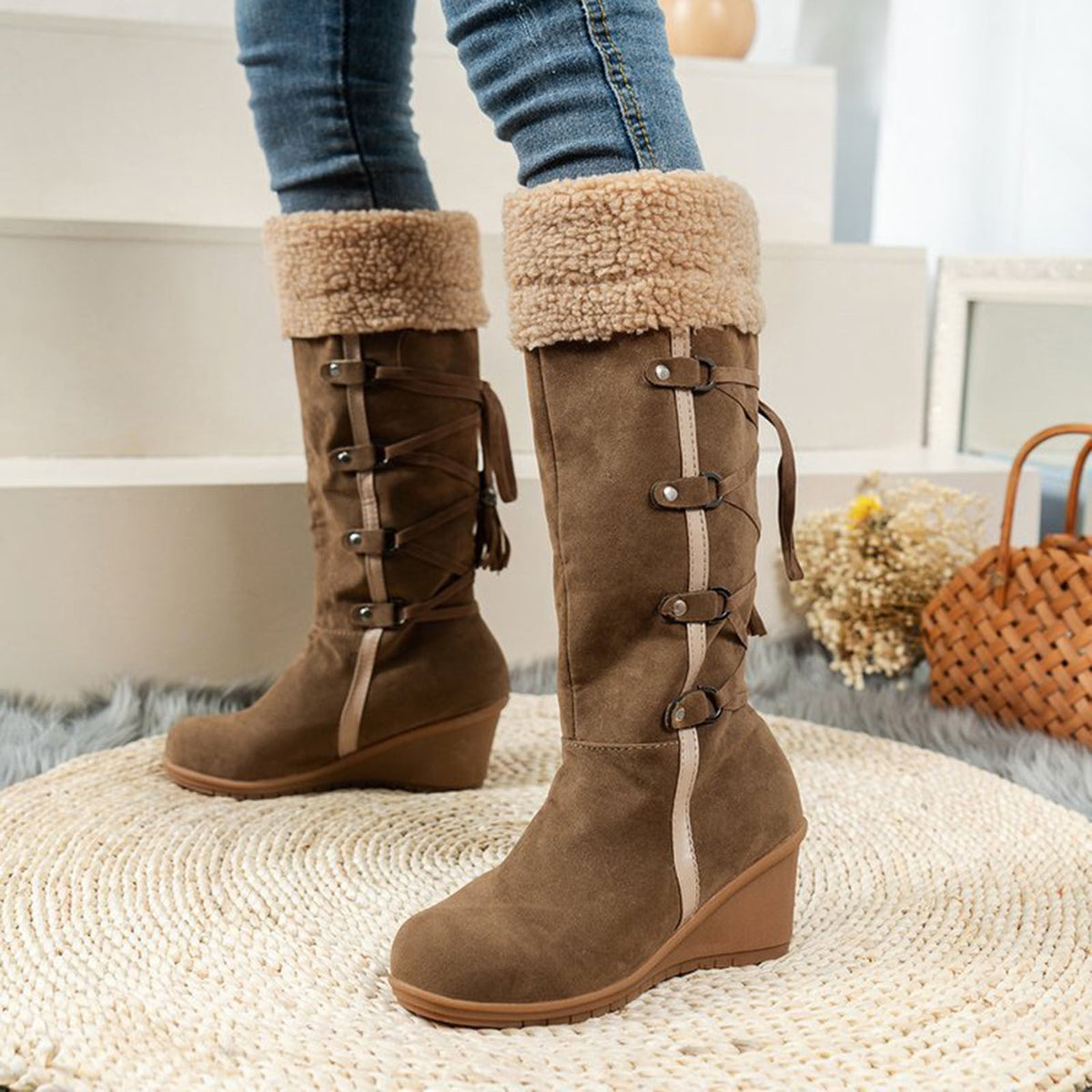 Women's Fashion Suede Wedge Boots Winter Warm Knee High Boots Buckle Tassel Side Zipper Booties Brown 35