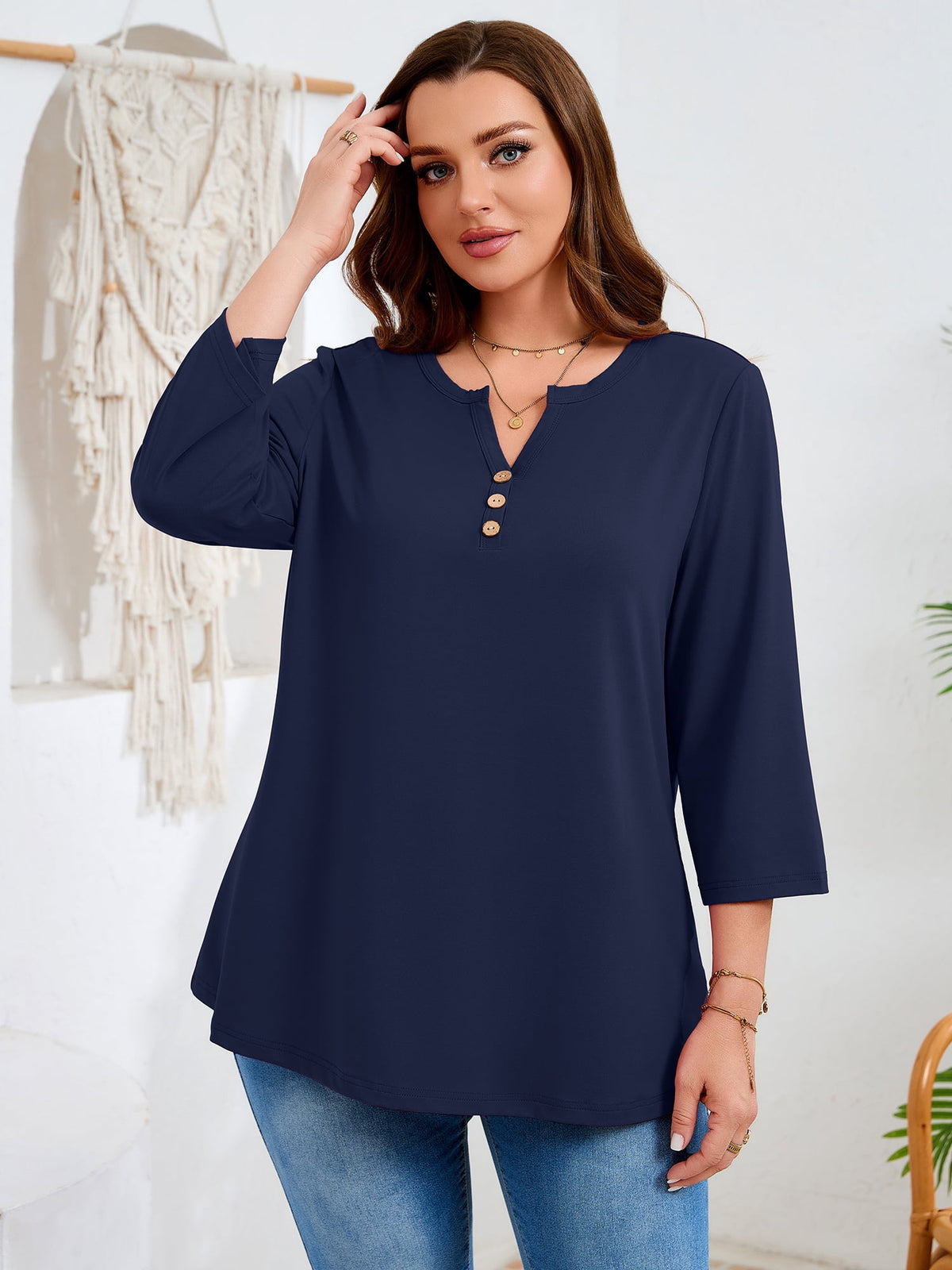 SHOWMALL Plus Size Tops for Women, 3/4 Sleeve Button V Neck Casual Tunic Blouse, Green, Size 4X