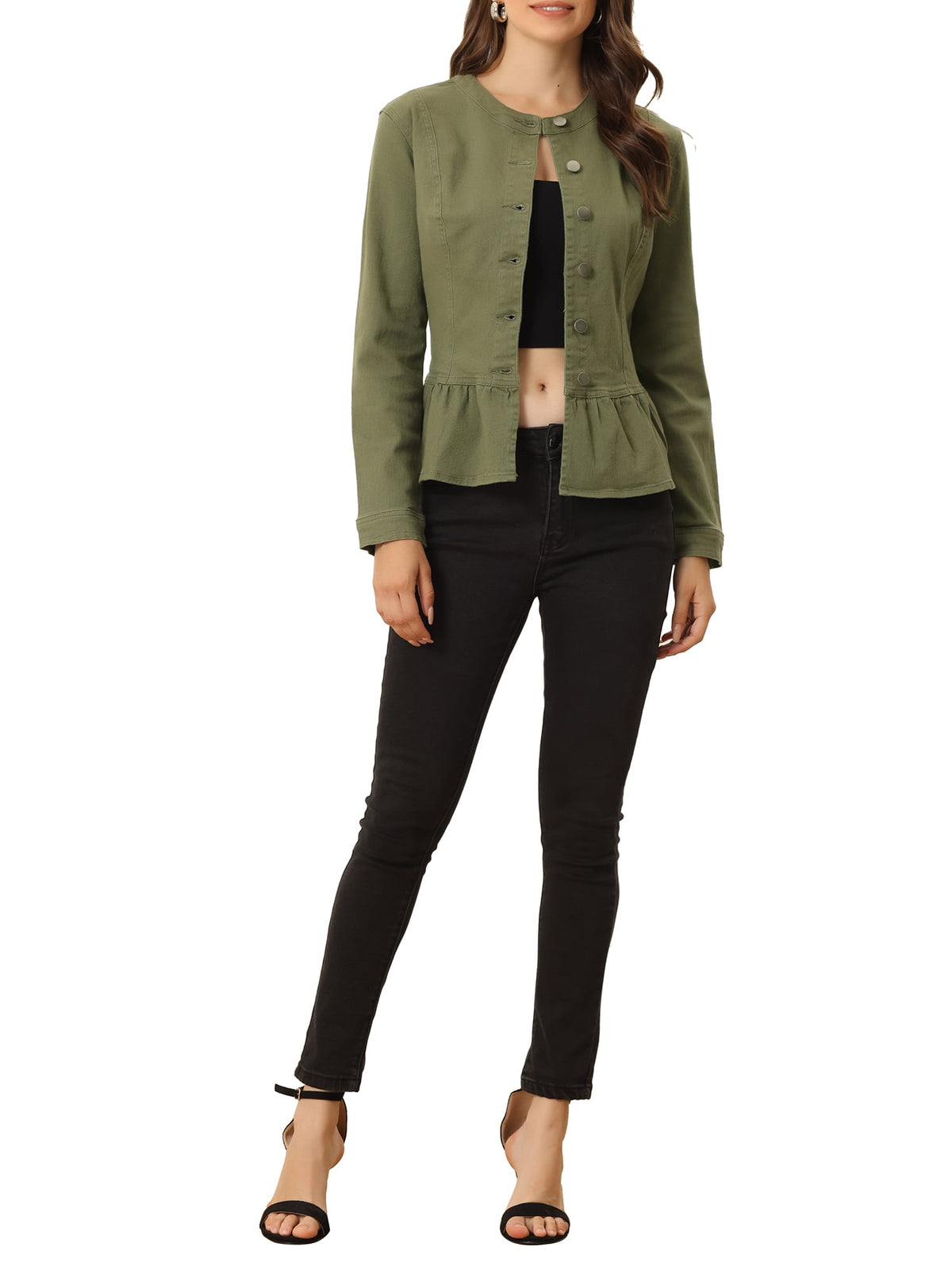 INSPIRE CHIC Women's Denim Jackets Button Down Peplum Hem Long Sleeves Cropped Jean Jackets White L