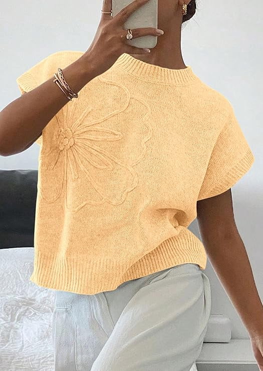 PRETTYGARDEN Women's Spring Sweater Vest Trendy Flower Knit Short Sleeve Cute Pullover Tank Tops Summer Fashion Clothing
