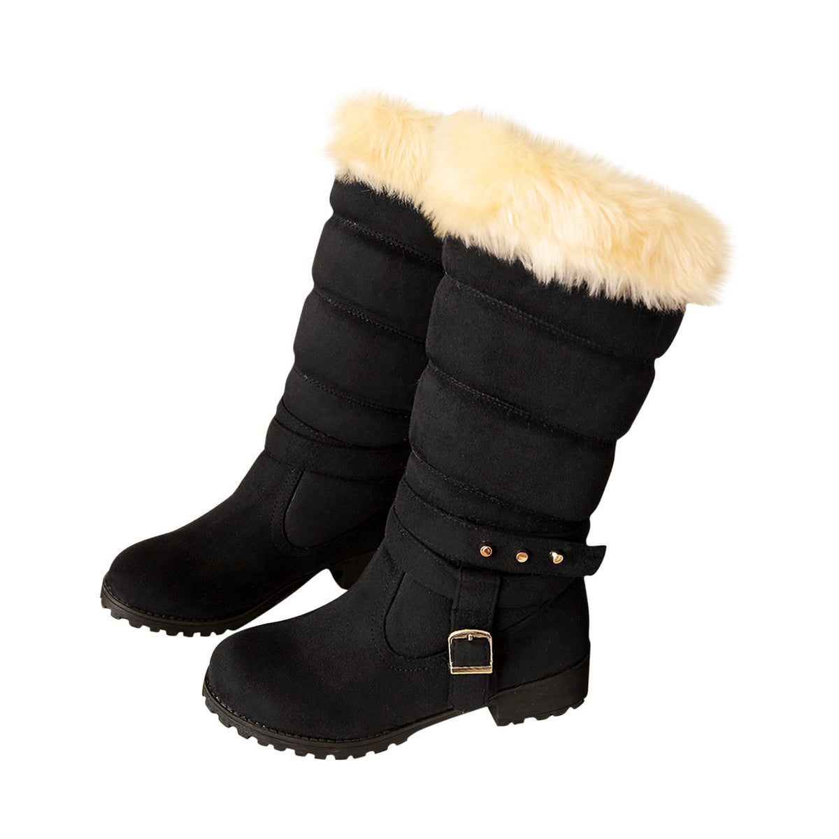 Mid Calf Boots For Women Thermal Plush Fleece Lined Suede Round Toe Chunky Mid Heels Winter Snow Boots Winter Warm Dress Long Tall Boots Blue 37