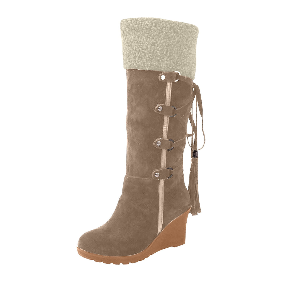 Women's Fashion Suede Wedge Boots Winter Warm Knee High Boots Buckle Tassel Side Zipper Booties Brown 35