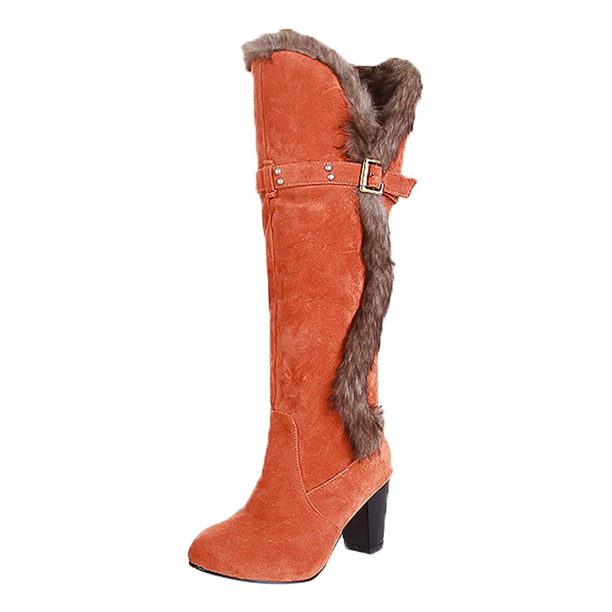 hopeusnice Women's Knee High Boots Fuzzy Fleece Lined Buckle Winter Warm Suede Boots Chunky Heel Comfortable Stylish Outdoor Snow Boots Black 36