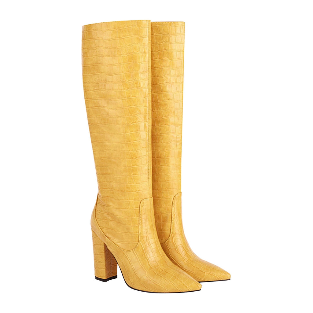 hopeusnice Women's Knee High Boots Pointed Toe Block Heel Over The Knee Boots Faux Leather Chunky Heel Dress Boots Elegant Fall Winter Shoes Yellow 45