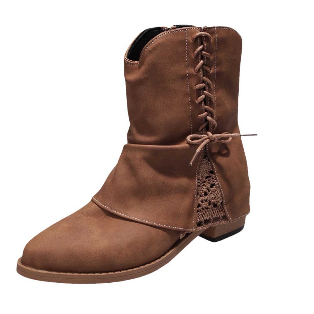 hopeusnice Women's Lace Up Ankle Boots Suede Buckle Low Heel Chunky Heel Mid Calf Booties Round Toe Zipper Fall Winter Comfortable Shoes Brown 38