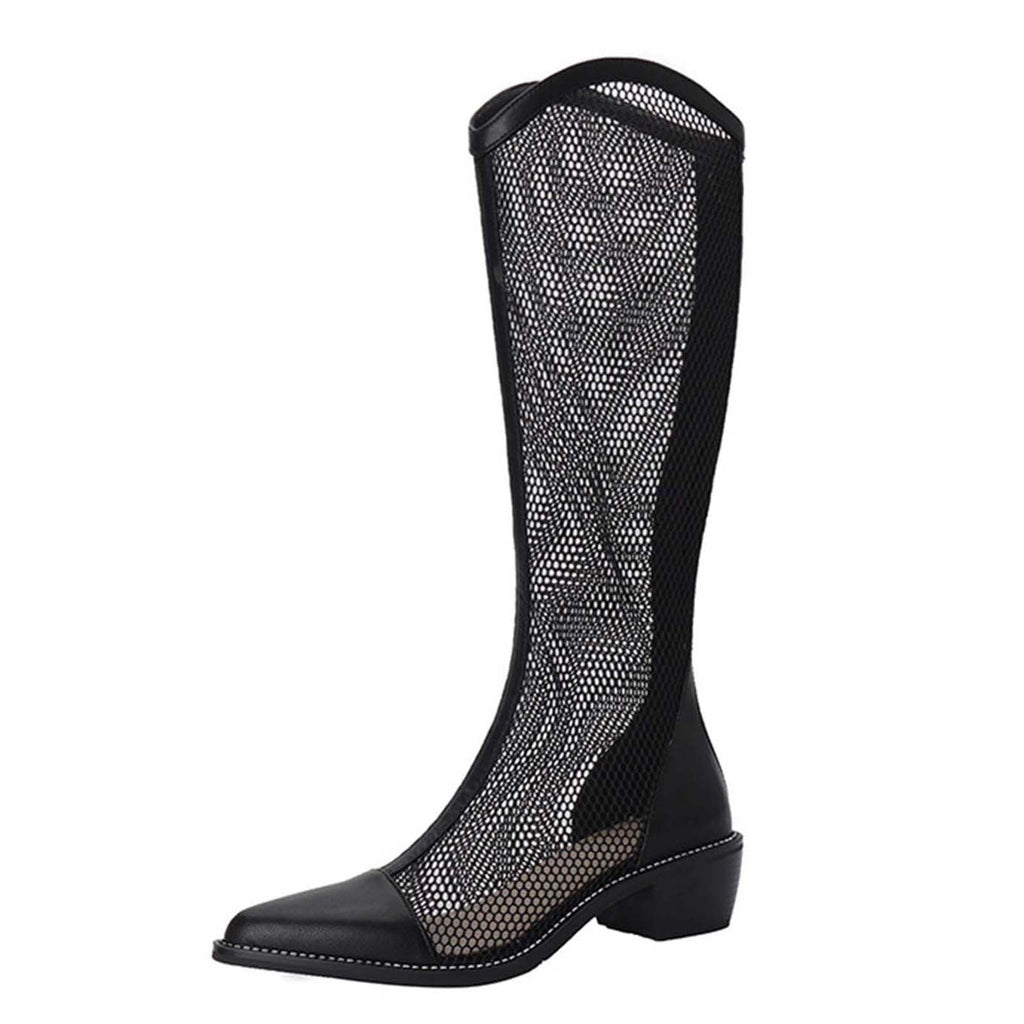hopeusnice Women's Mesh Boots Comfortable Breathable Knee High Booties Pointed Toe Low Heel Open Toe Chunky Heel Boots Black 40