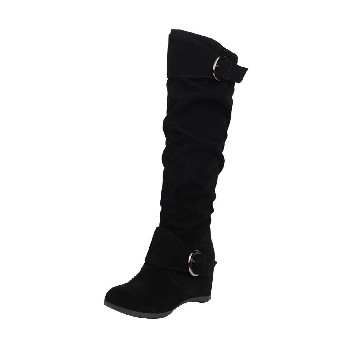 hopeusnice Women's Over The Knee Boots Suede Buckle Wedge Heel Winter Warm Boots Fashion Slouchy Boots Knee High Boots Brown 35