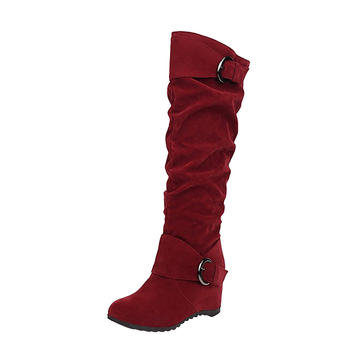 hopeusnice Women's Over The Knee Boots Suede Buckle Wedge Heel Winter Warm Boots Fashion Slouchy Boots Knee High Boots Brown 35