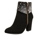 hopeusnice Women's Rhinestone Ankle Boots Zipper Suede Block Heel Booties Comfortable Dressy Winter Warm Shoes Black 36