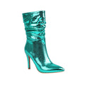 hopeusnice Women's Snake Print Pointed Toe Stilettos Heel Ankle Boots Mid Calf Pull on Green Shiny Faux Leather Party Boots Blue 35