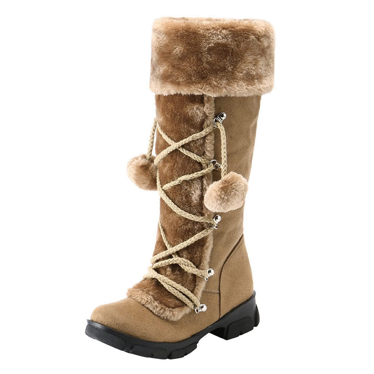hopeusnice Women's Winter Boots Fuzzy Fleece Lined Knee High Snow Boots Warm Plush Lace Up Outdoor Ankle Boots Beige 36