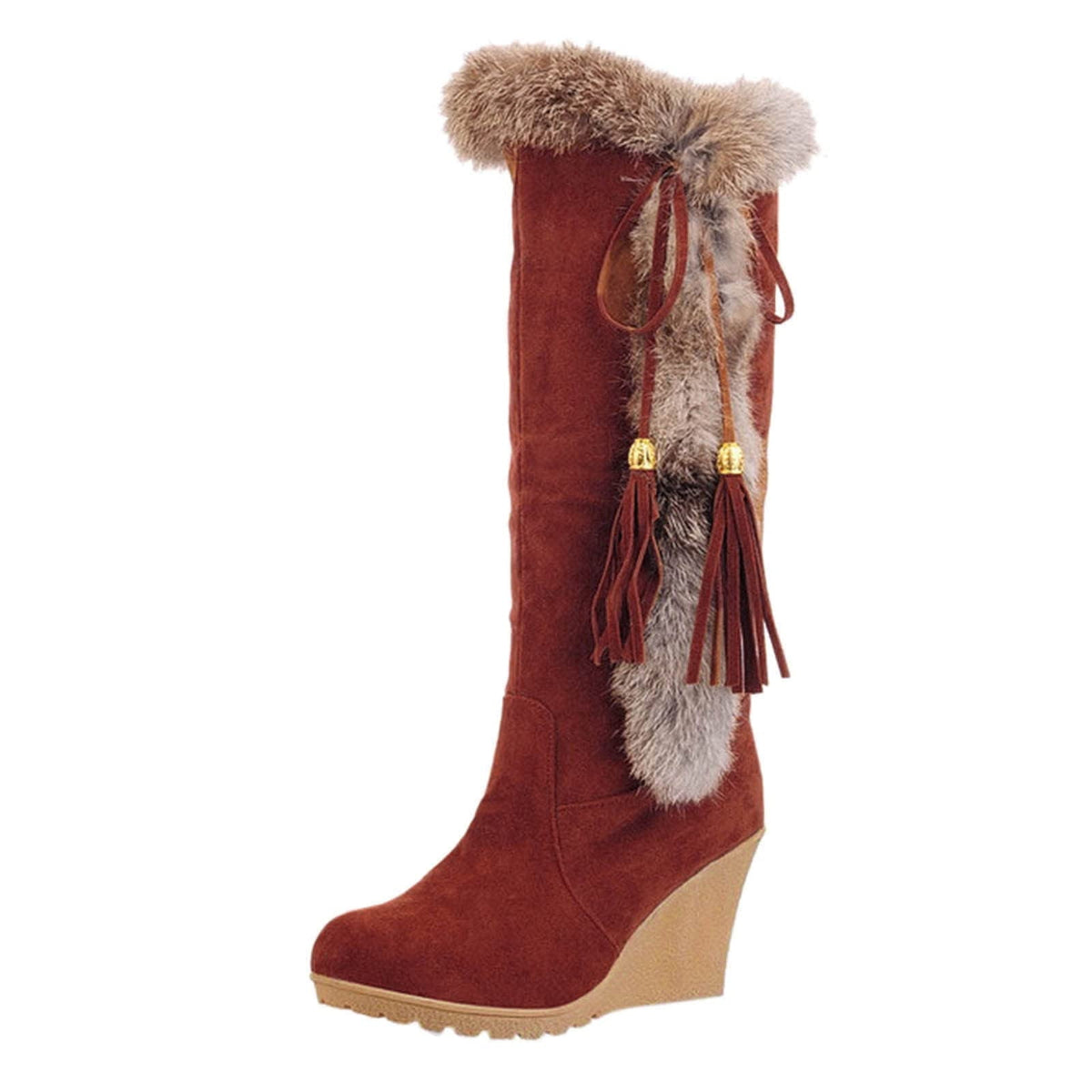 Women's Winter Boots Fuzzy Fleece Lined Wedge Heel Knee High Booties Tassel Buckle Closure Warm Snow Boots Comfortable Fashion Footwear Black 35