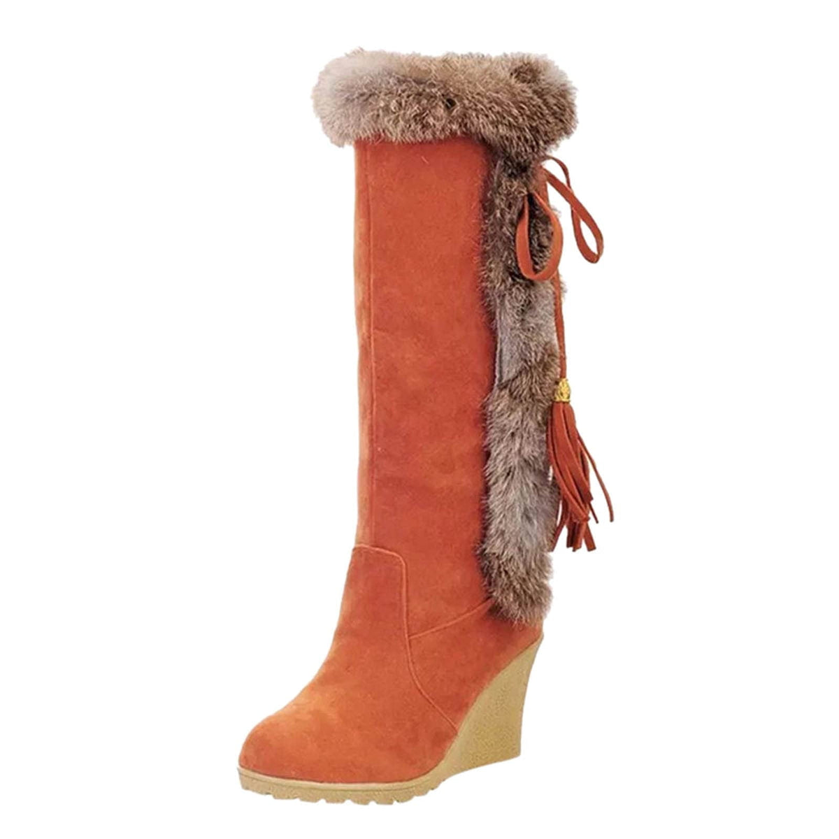 Women's Winter Boots Fuzzy Fleece Lined Wedge Heel Knee High Booties Tassel Buckle Closure Warm Snow Boots Comfortable Fashion Footwear Black 35