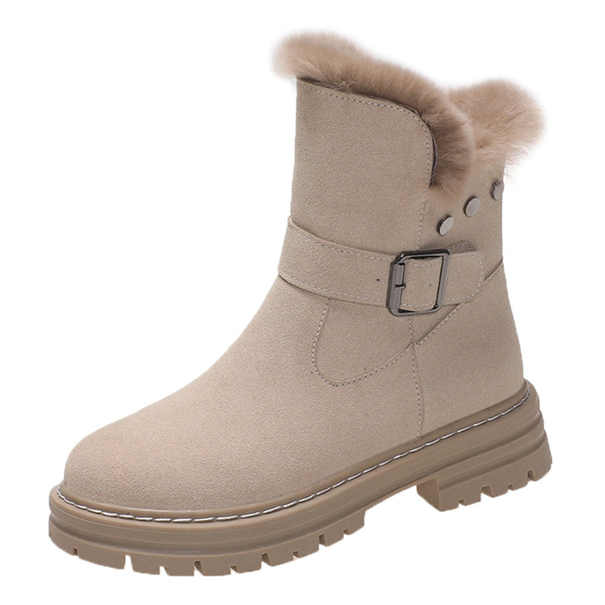 hopeusnice Women's Winter Boots Suede Buckle Ankle Booties Fuzzy Fleece Lined Warm Shoes Snow Boots Black 35